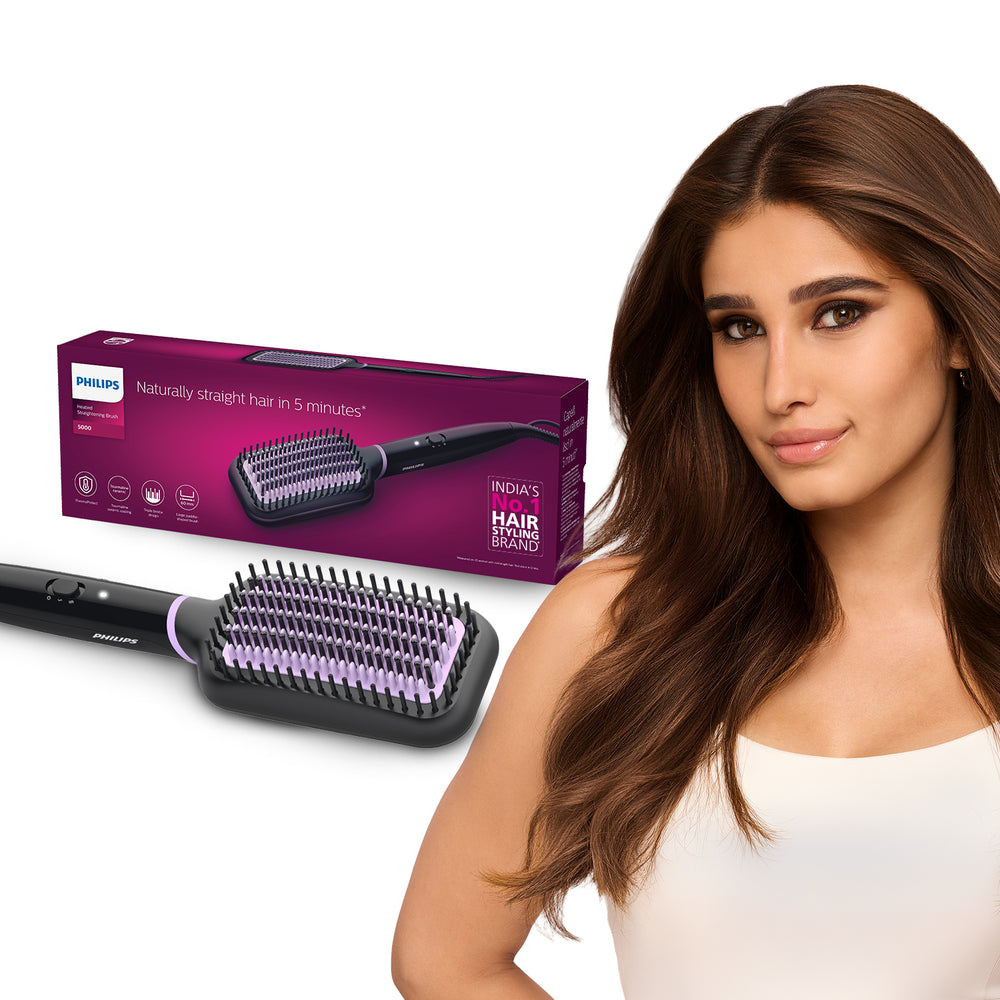 Hair Straightener Brush- | Everyday Styling with Kerashine Care in 5 mins , ThermoProtect Technology I Natural Straight, Shiny and Frizz Free Hair , Triple Bristle Design BHH880/10