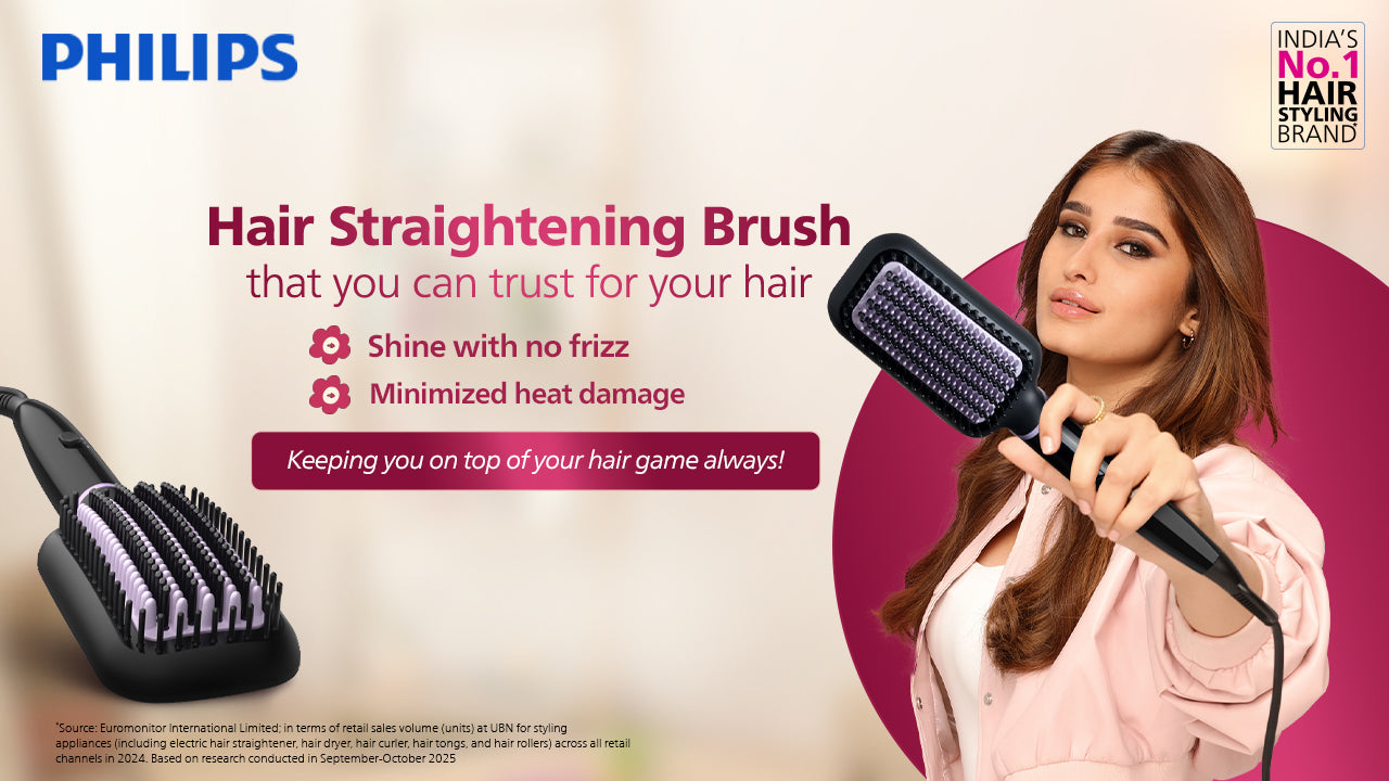 Hair Straightener Brush- | Everyday Styling with Kerashine Care in 5 mins , ThermoProtect Technology I Natural Straight, Shiny and Frizz Free Hair , Triple Bristle Design BHH880/10