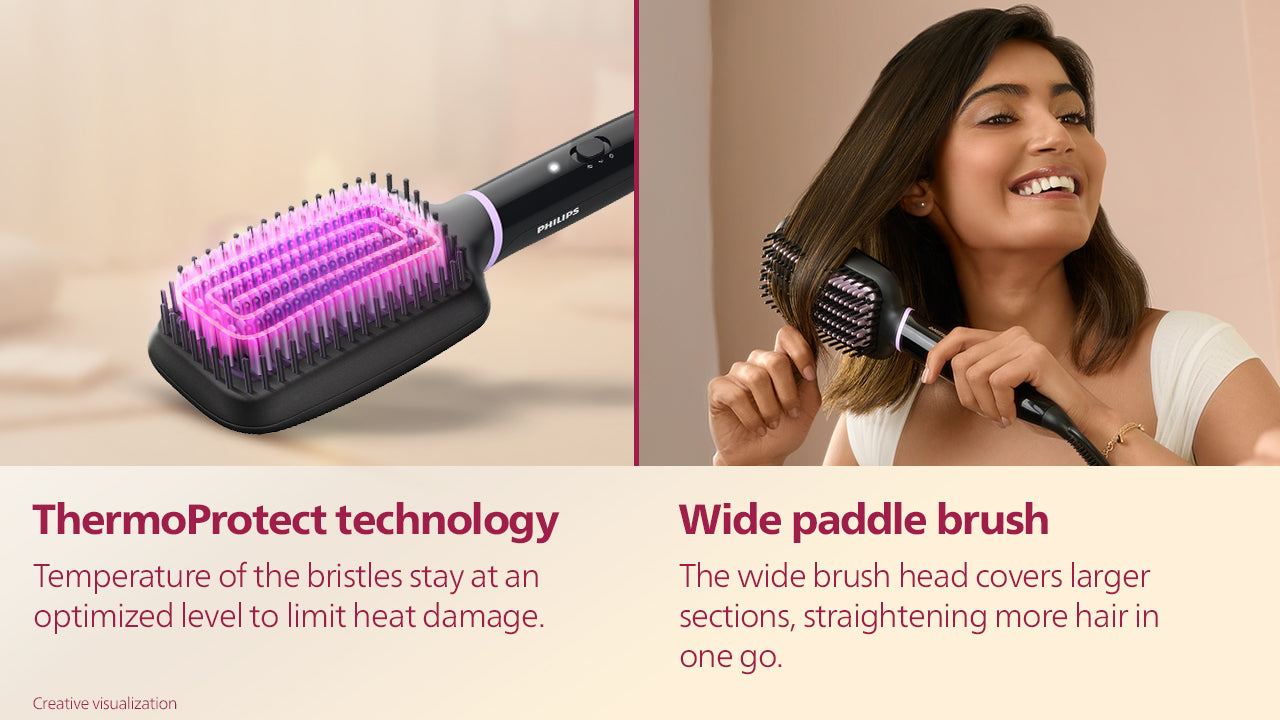 Hair Straightener Brush- | Everyday Styling with Kerashine Care in 5 mins , ThermoProtect Technology I Natural Straight, Shiny and Frizz Free Hair , Triple Bristle Design BHH880/10