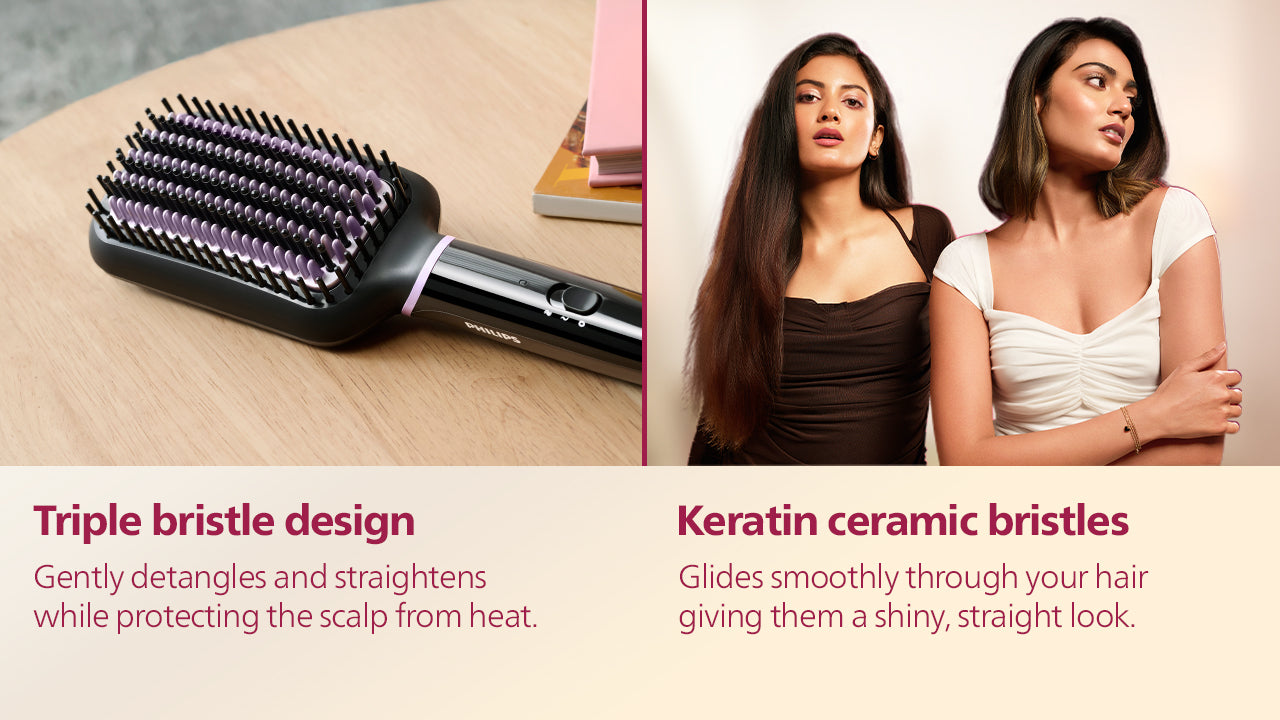 Hair Straightener Brush- | Everyday Styling with Kerashine Care in 5 mins , ThermoProtect Technology I Natural Straight, Shiny and Frizz Free Hair , Triple Bristle Design BHH880/10