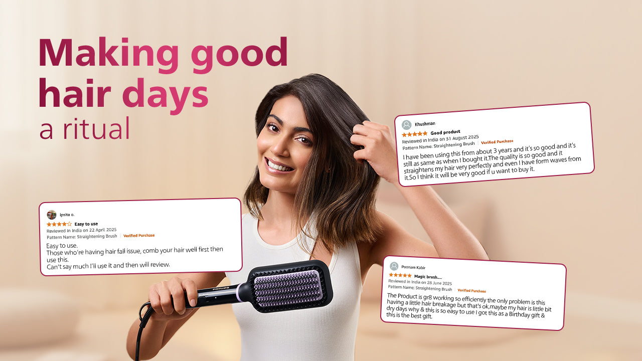Hair Straightener Brush- | Everyday Styling with Kerashine Care in 5 mins , ThermoProtect Technology I Natural Straight, Shiny and Frizz Free Hair , Triple Bristle Design BHH880/10
