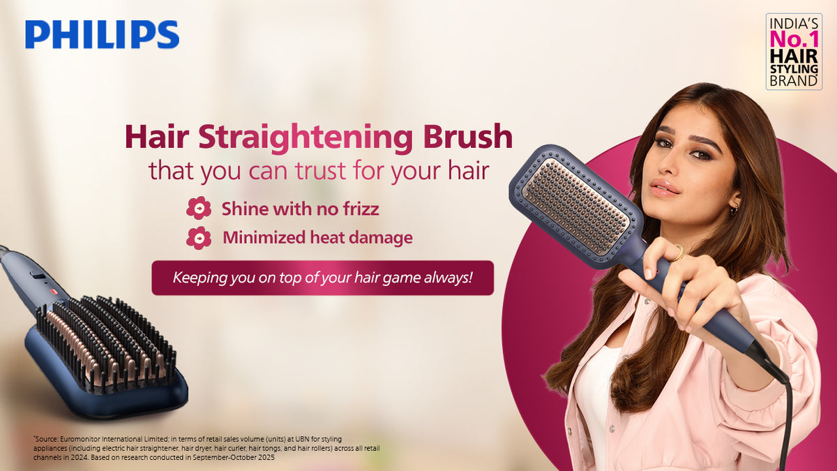 Hair Straightening Brush- BHH885/10 (New) ThermoProtect Technology, Ionic care, Argan Oil Infusion & Extra Large Brush, 50 Watts, Black