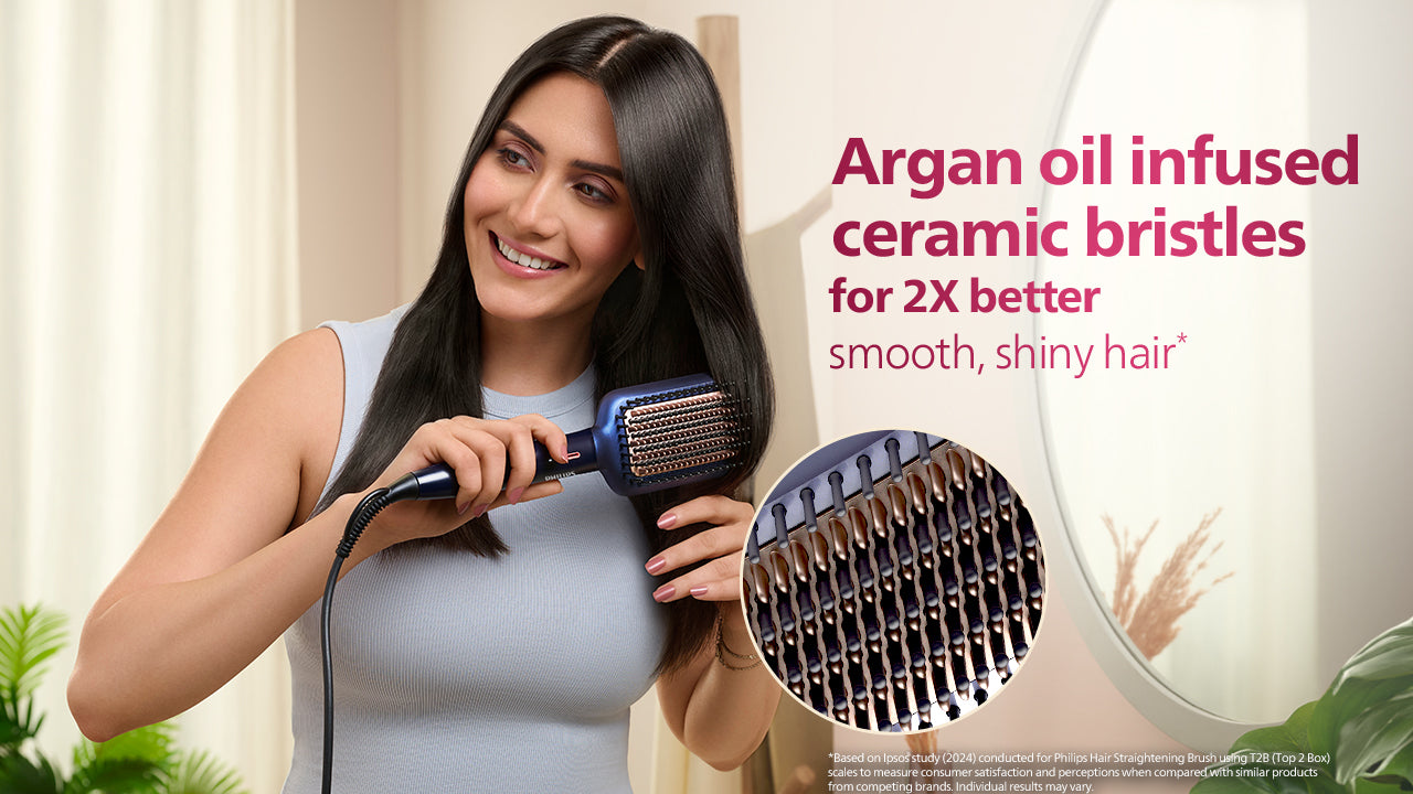 Hair Straightening Brush- BHH885/10 (New) ThermoProtect Technology, Ionic care, Argan Oil Infusion & Extra Large Brush, 50 Watts, Black