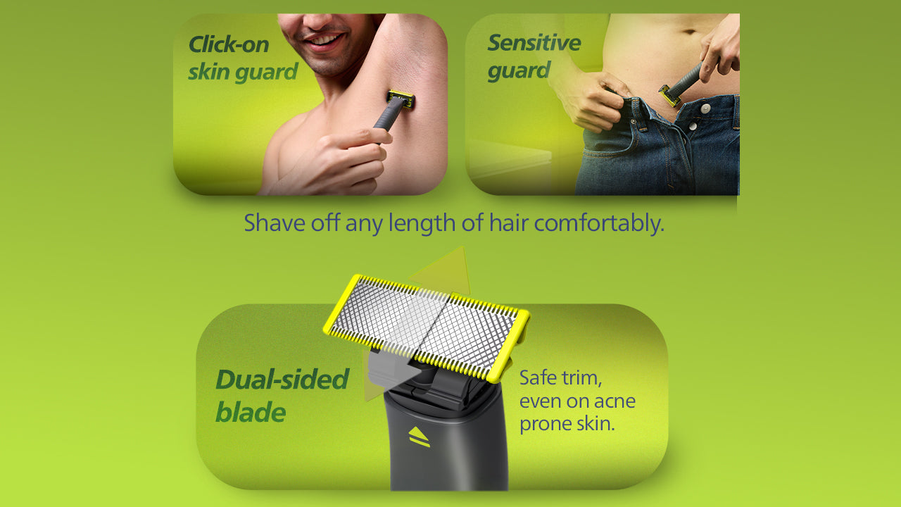 OneBlade - Hybrid Trimmer & RazorI Face + Body I No Cuts Grooming for Private Parts I Best Zero Trim for Face and Body I Includes - 2 Blades, 2 body Comb & 3 Trim combs I QP1624/10