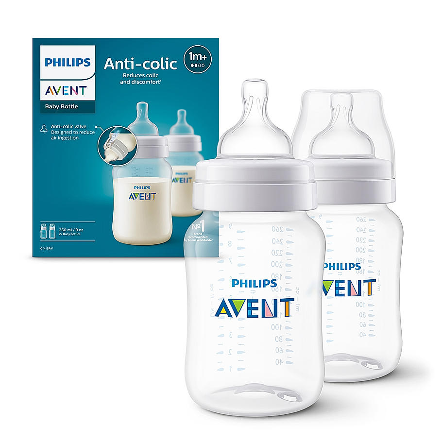 Avent- Anti Colic Feeding Bottle for Babies aged 1 month and above | 260ml | Pack of 2 | BPA Free |Newborn Flow Rate | Secure Latch| SCY103/20